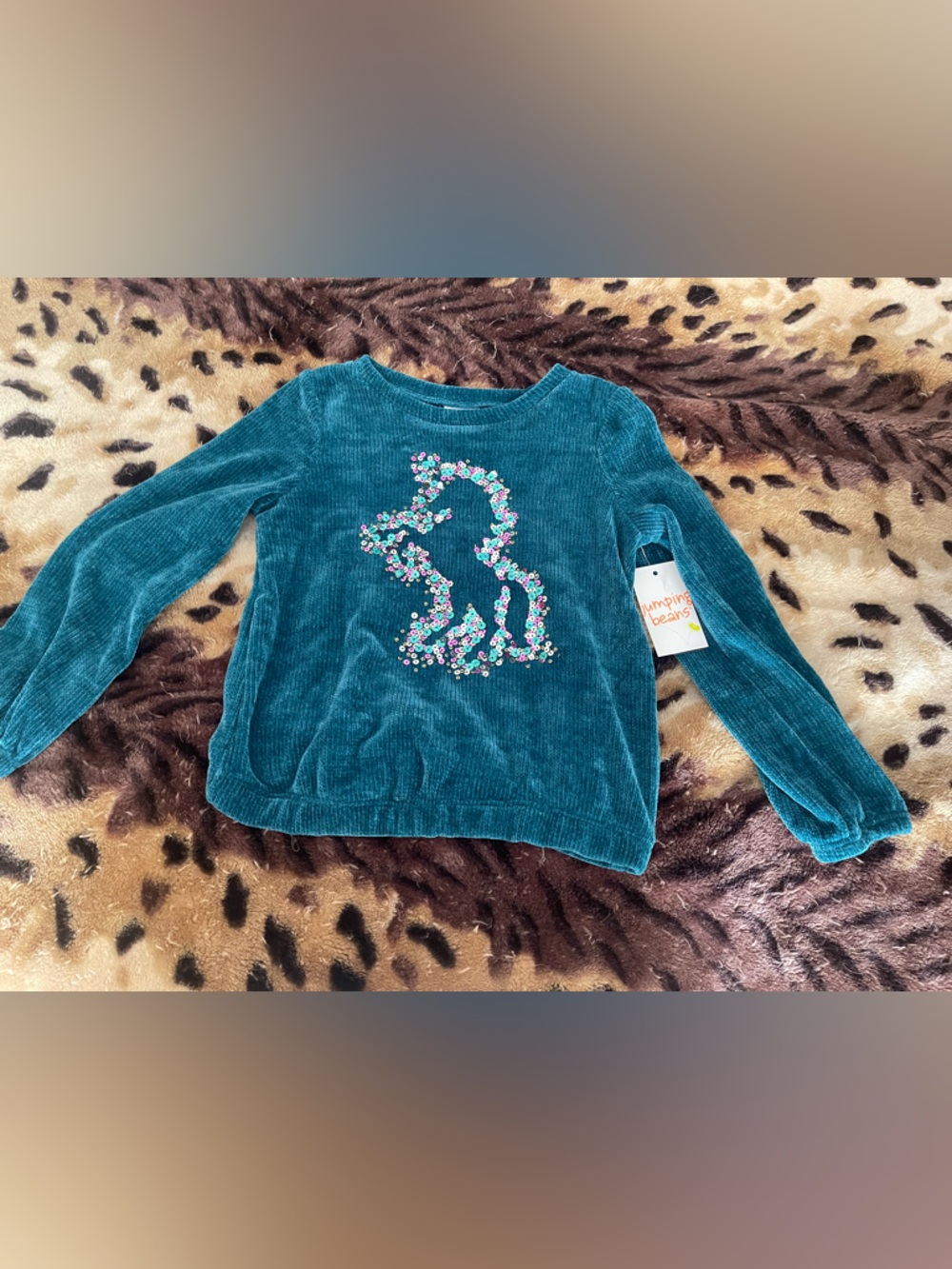 jumping beans Teal Corduroy Sweater with Floral Unicorn